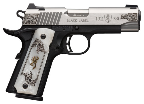Browning 1911-380, Medallion 380 ACP, 3.63" Barrel, Buckmark Imitation Pearl Grip, Black Frame, Stainless Steel Slide, 8rd