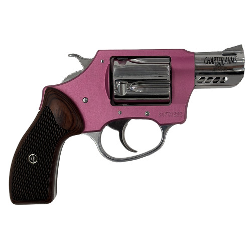 Charter Arms Coyote 380 ACP, 2" Ported Barrel, Pink And Silver, Rosewood Checkered Grip, 5rd
