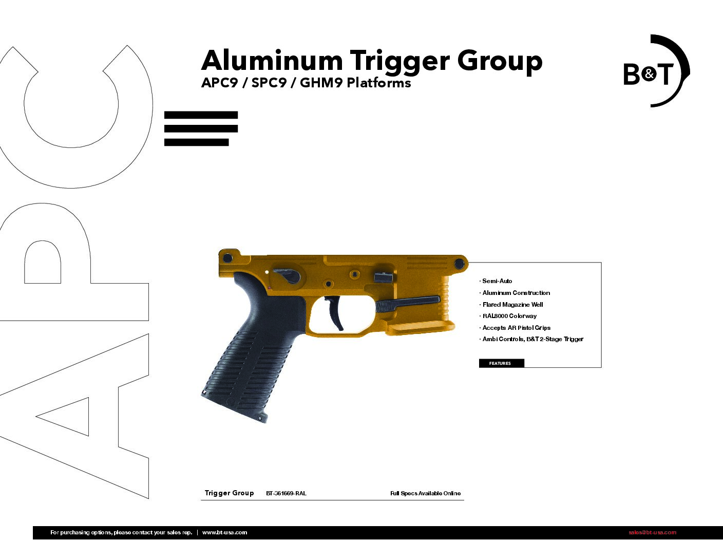 OEM B&T Billet Machined Aluminum Lower in RAL8000 Compatible with APC9 / SPC9 /GHM9 – B&T MAG VERSION -BT-361669-RAL