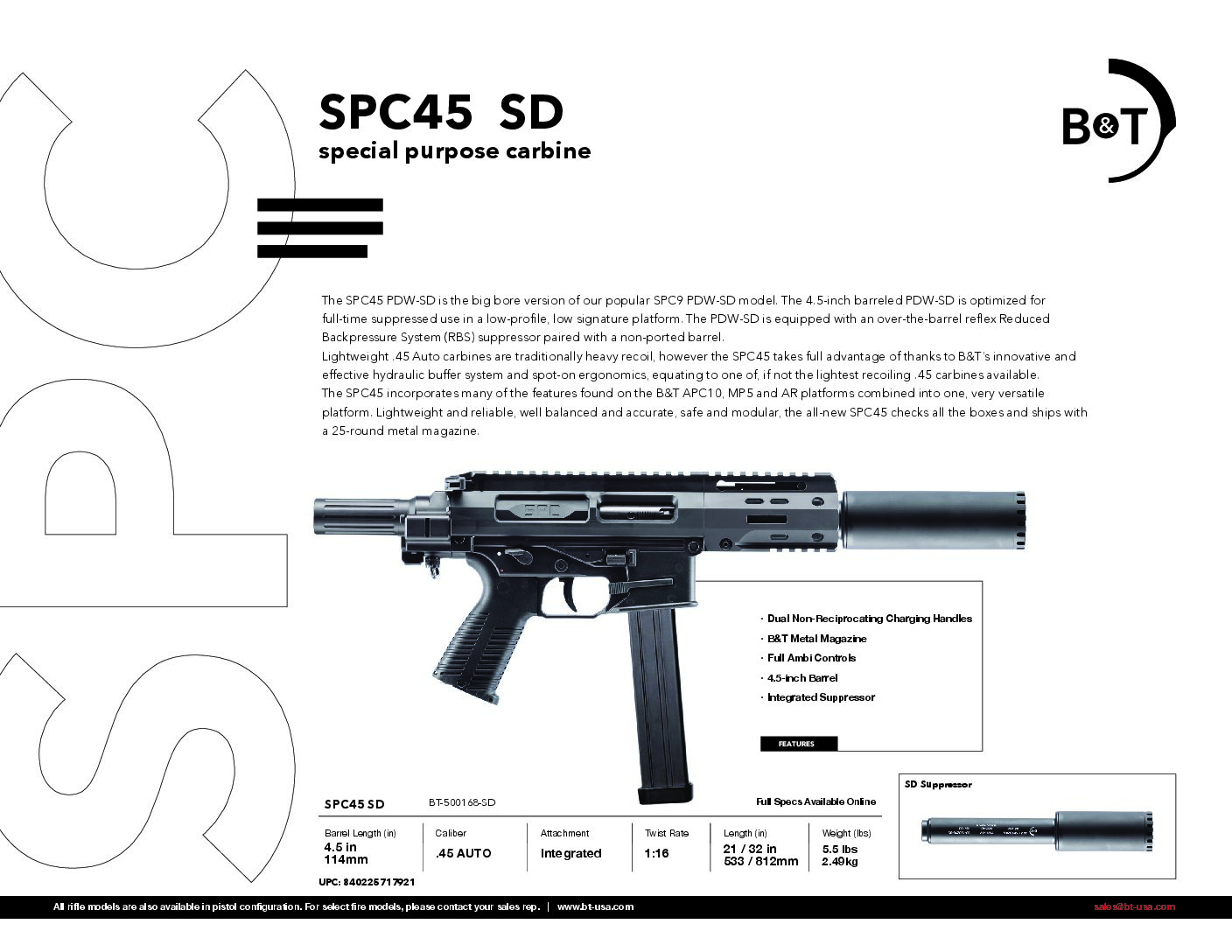 B&T SPC45 PDW-SD Integrally Suppressed .45 BT-500168-SD SPC45 SD